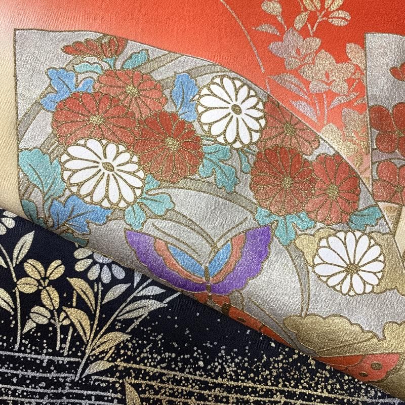 512ag62□七五三 七歳 女児 着物&袋帯 金彩 扇 流水に花□美品