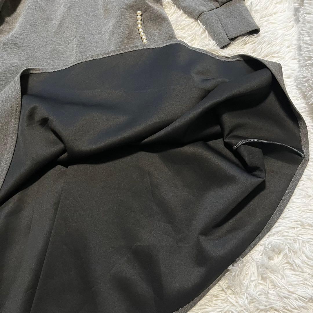 極美品 ストラ 2way 衿取り外しパール付き ワンピース フレア グレー 40