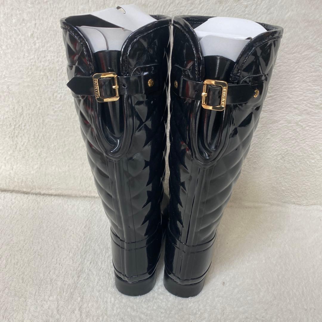 新品未使用　ハンター　エナメルキルティングレインブーツ　ゴールド金具　23cm