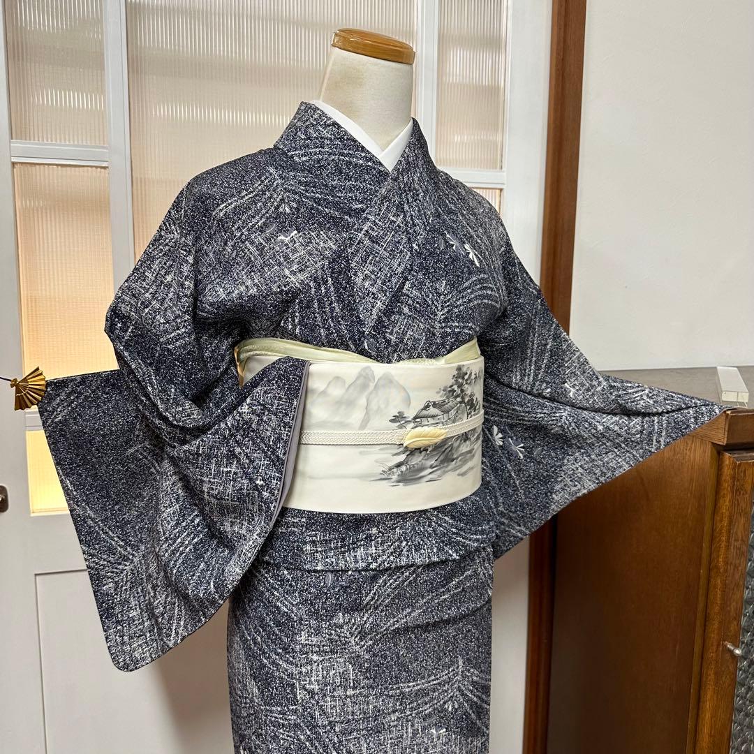 ち*こ様 小紋　袷　正絹　東京ますいわ屋　紺藍色×白　菊　幾何学　身丈165裄6