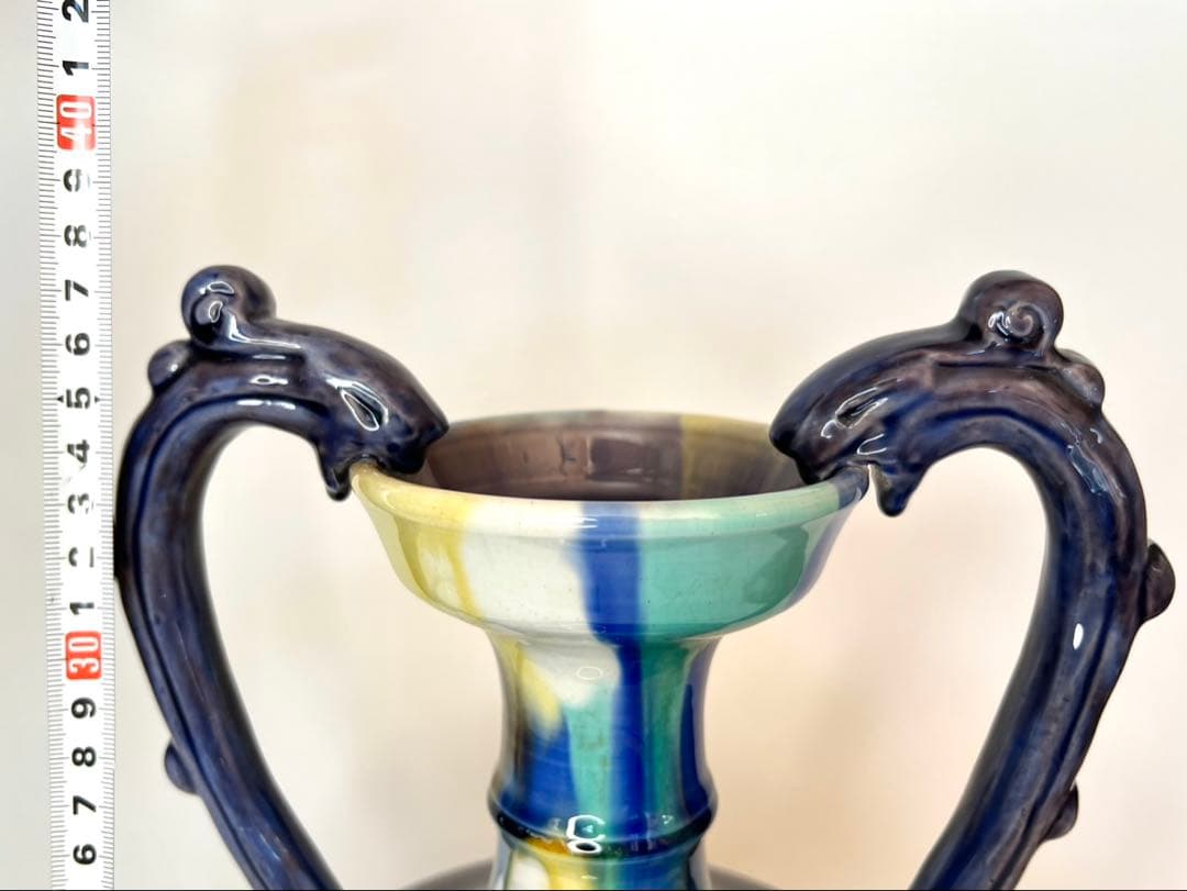 【人間国宝】三代 徳田八十吉 【正彦銘】彩釉 耳付壺 約37.5cm 龍耳