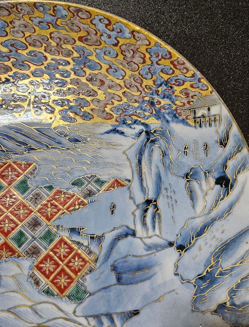 【名品❗】江戸末期～明治初期　古伊万里　金襴染錦　桜に雲錦大波市松文　最上作大皿