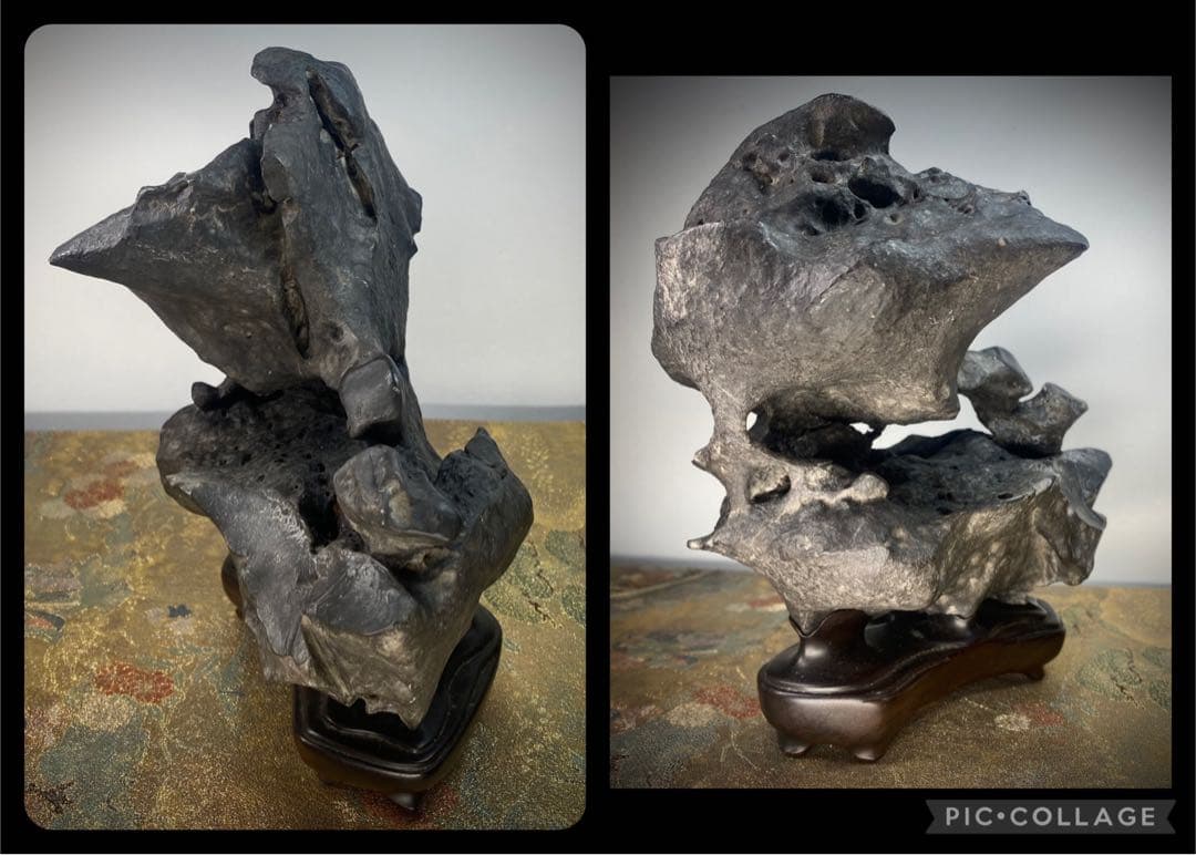 6584 老太湖石 銘 紫栞城 ウブ 刻印あり 台座2個あり 桐箱あり