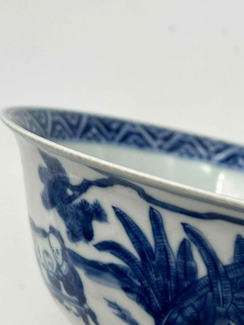 清康煕時代　染付 青花人物子供遊び図碗　青花茶碗　旧家コレクション(B-81)