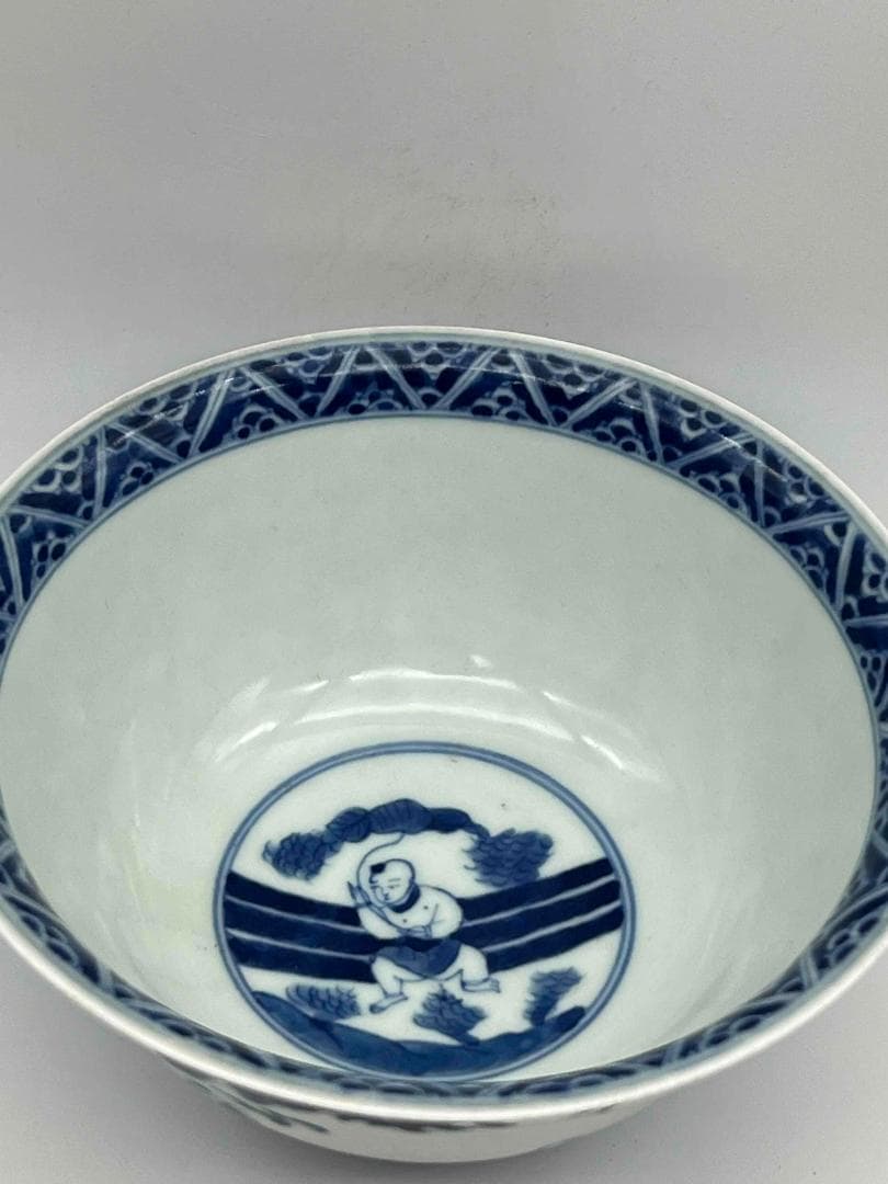 清康煕時代　染付 青花人物子供遊び図碗　青花茶碗　旧家コレクション(B-81)