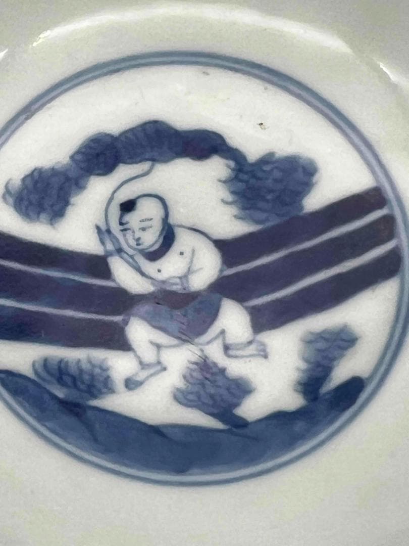 清康煕時代　染付 青花人物子供遊び図碗　青花茶碗　旧家コレクション(B-81)