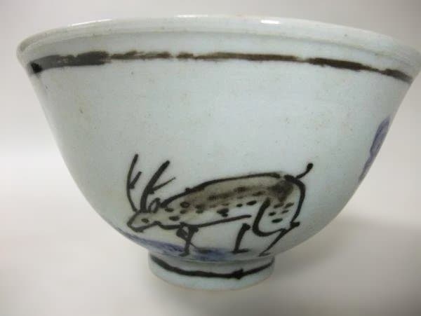 和楽庵 高野昭阿弥 遊鹿の図 染付 京焼 抹茶茶碗 茶碗 茶道具 美品 共箱