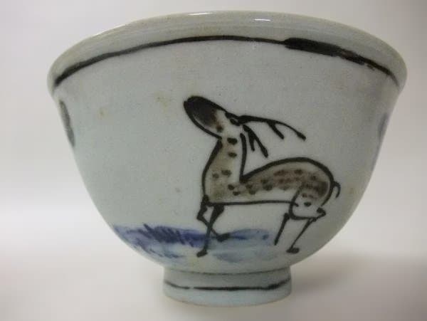 和楽庵 高野昭阿弥 遊鹿の図 染付 京焼 抹茶茶碗 茶碗 茶道具 美品 共箱