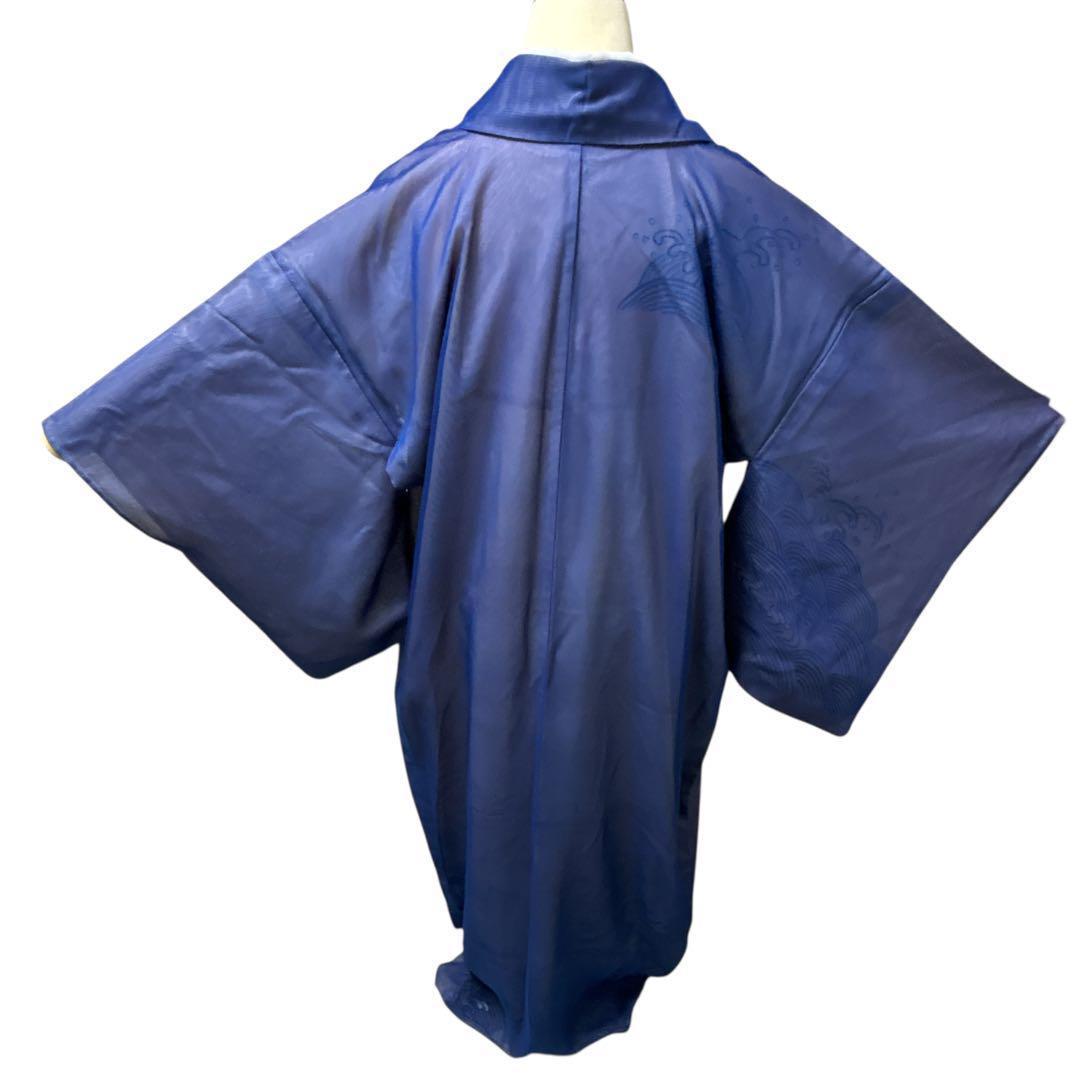 A69愛華 夏着物 二重紗　紺　波模様　刺繍　美品