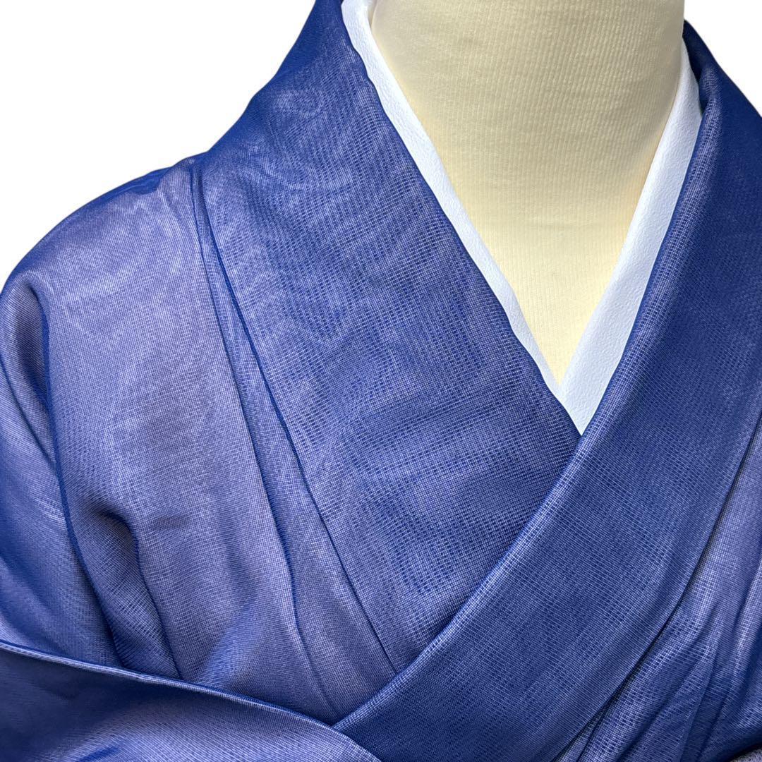 A69愛華 夏着物 二重紗　紺　波模様　刺繍　美品