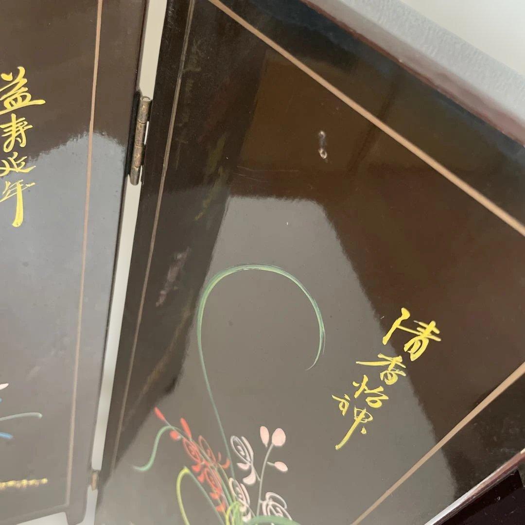 木製 花柄 屏風 ミニ衝立て 中国インテリア　置き物　約60.5㎝×45.5㎝