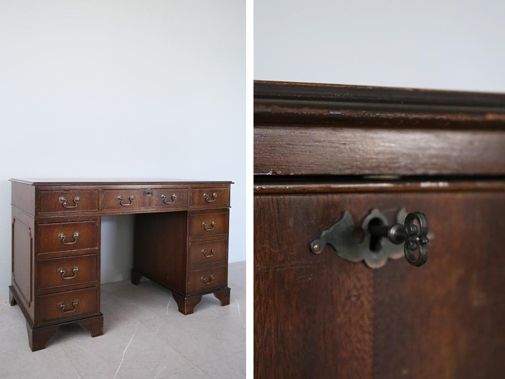 英国アンティーク木製両袖デスク/勉強机テーブル/飾り棚/オフィス事務89-135