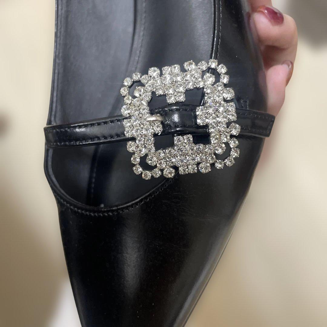 OHGA ビジュー付きブラックフラットシューズ