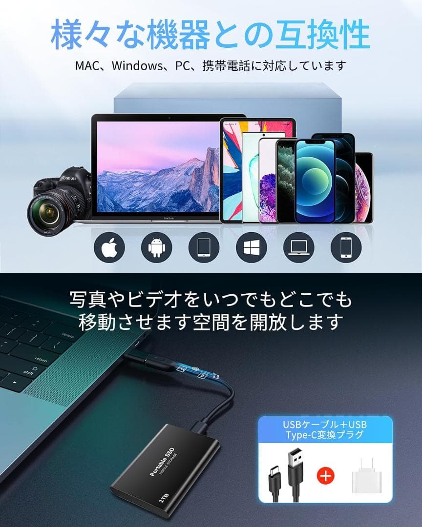 外付けSSD ポータブルSSD 新しいアップグレードされた外付けSSD 1TB