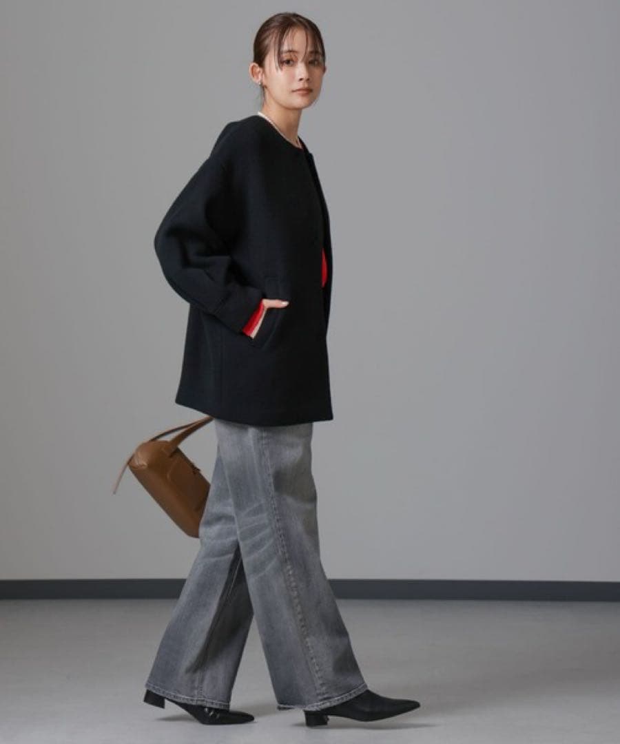 ノーカラーコート コート PECOLAMBウールカシミヤノーカラーミドル丈コート