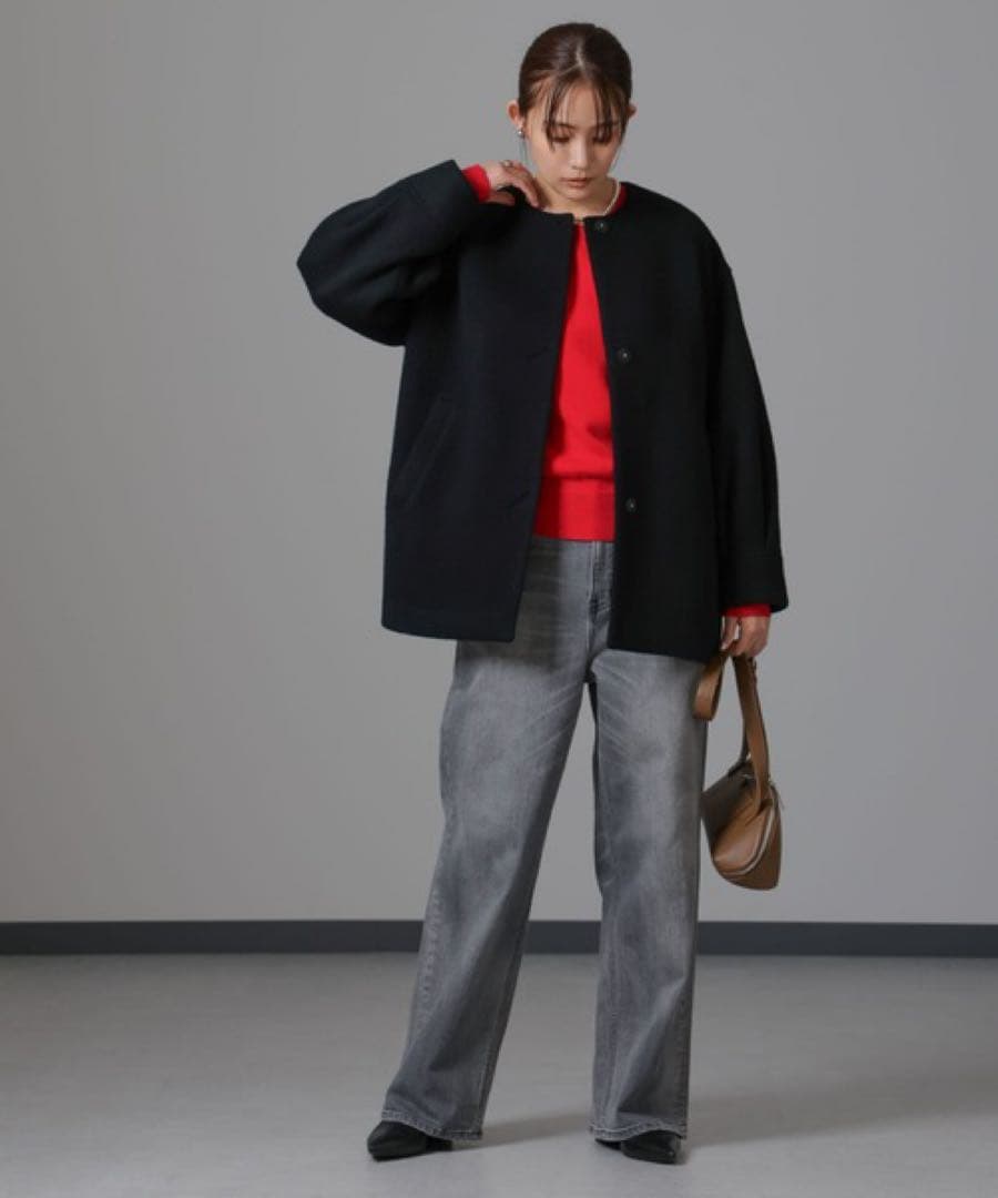 ノーカラーコート コート PECOLAMBウールカシミヤノーカラーミドル丈コート