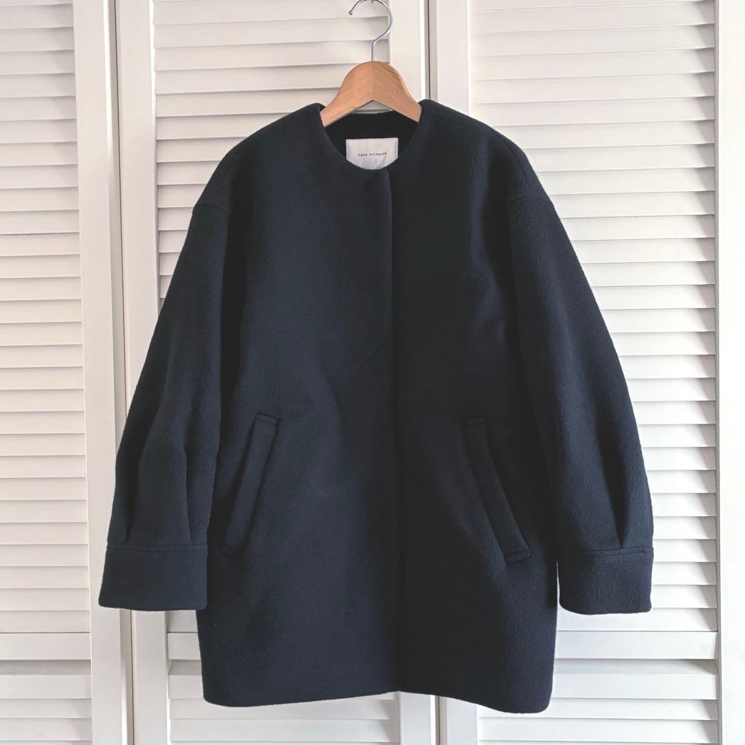 ノーカラーコート コート PECOLAMBウールカシミヤノーカラーミドル丈コート