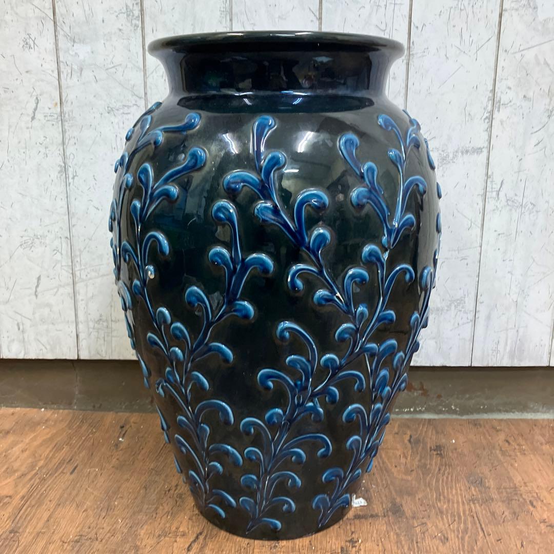 C-壁 壺 花瓶 大型鉢 イタリア製 釉薬 唐草模様 床置き ネイビー 陶器