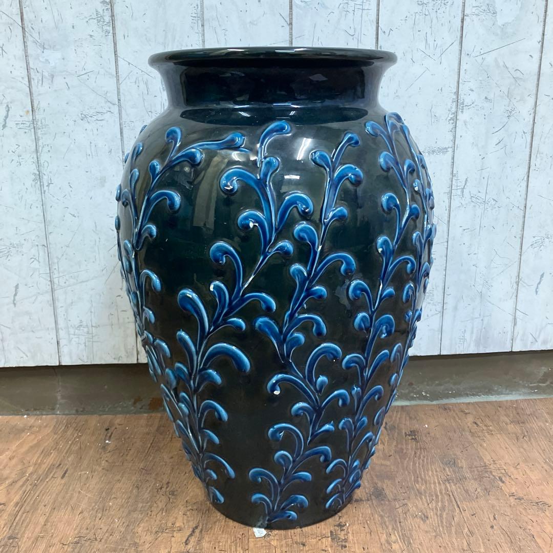 C-壁 壺 花瓶 大型鉢 イタリア製 釉薬 唐草模様 床置き ネイビー 陶器