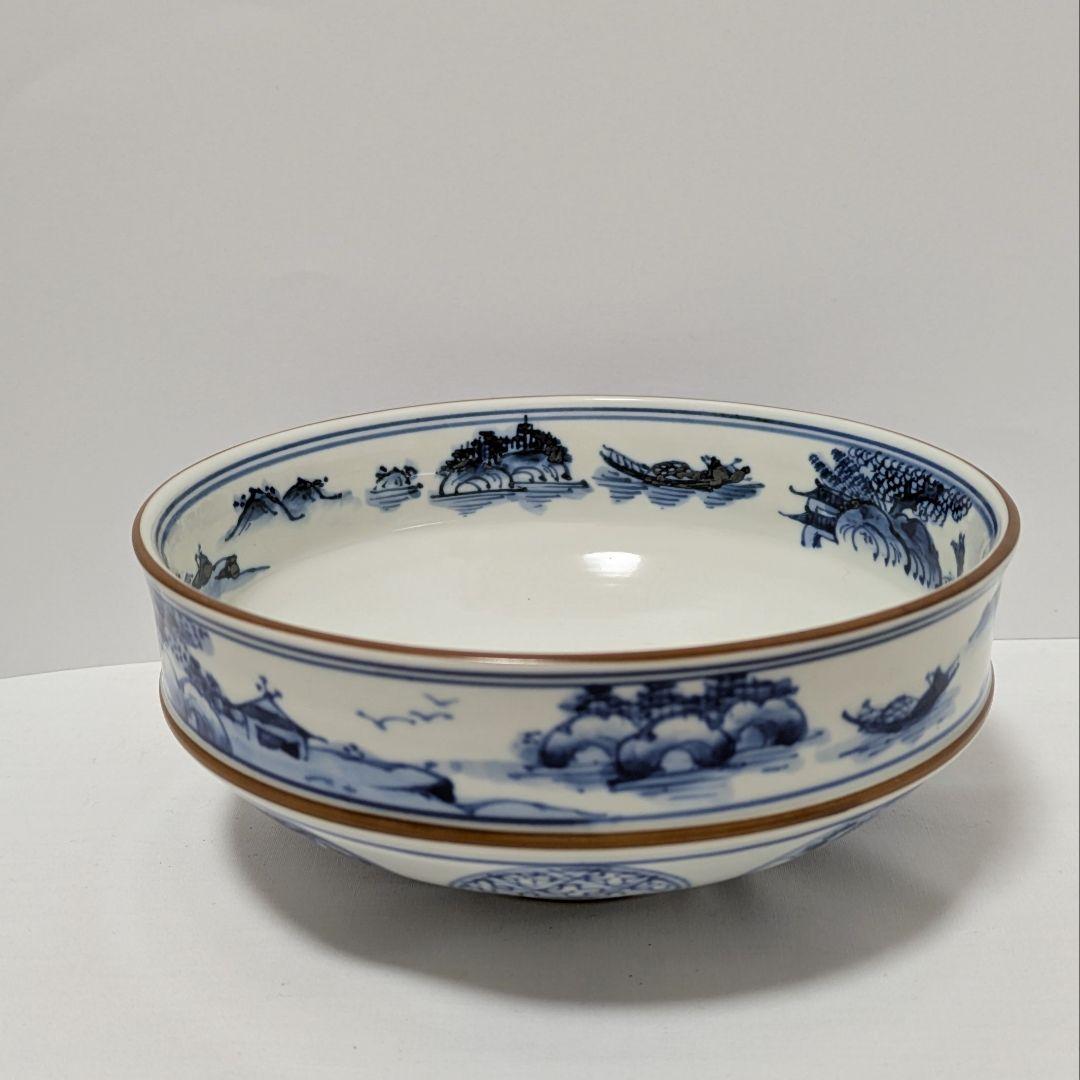 平茶碗　魚藻山水文　染付　共箱 勧修寺窯　手塚景雲（平安）作 古物　中古