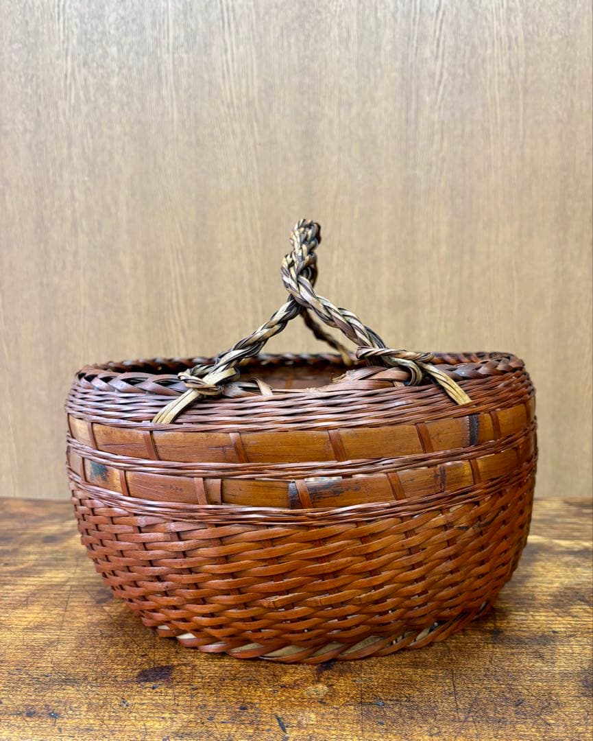 【約100年前／大正十三年】銘入り 竹編み 手提げ籠 竹細工師作 古民藝