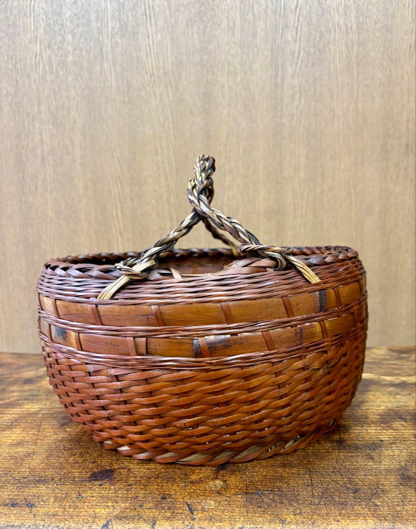 【約100年前／大正十三年】銘入り 竹編み 手提げ籠 竹細工師作 古民藝