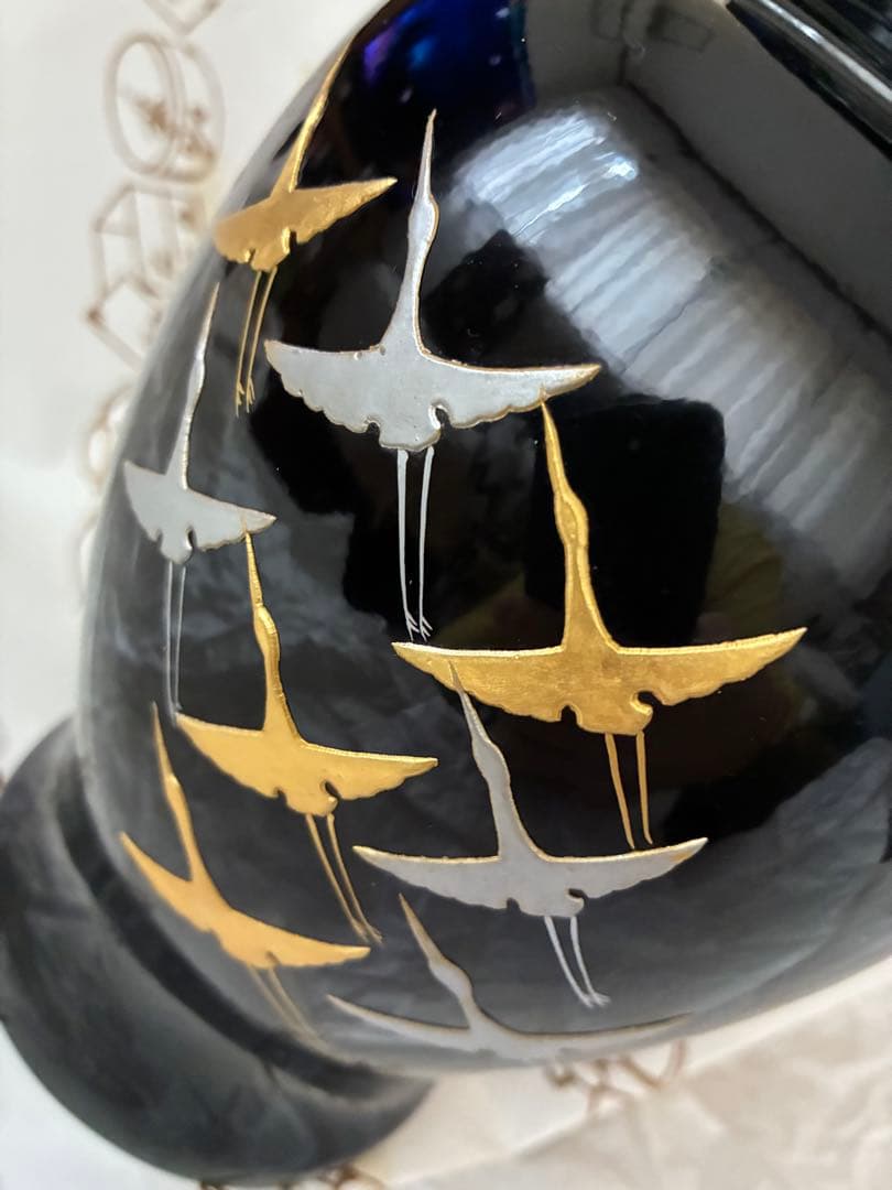 琉球漆器　花器　天然木　天然漆　鶴文様　琉球塗　25センチ　大きいサイズ