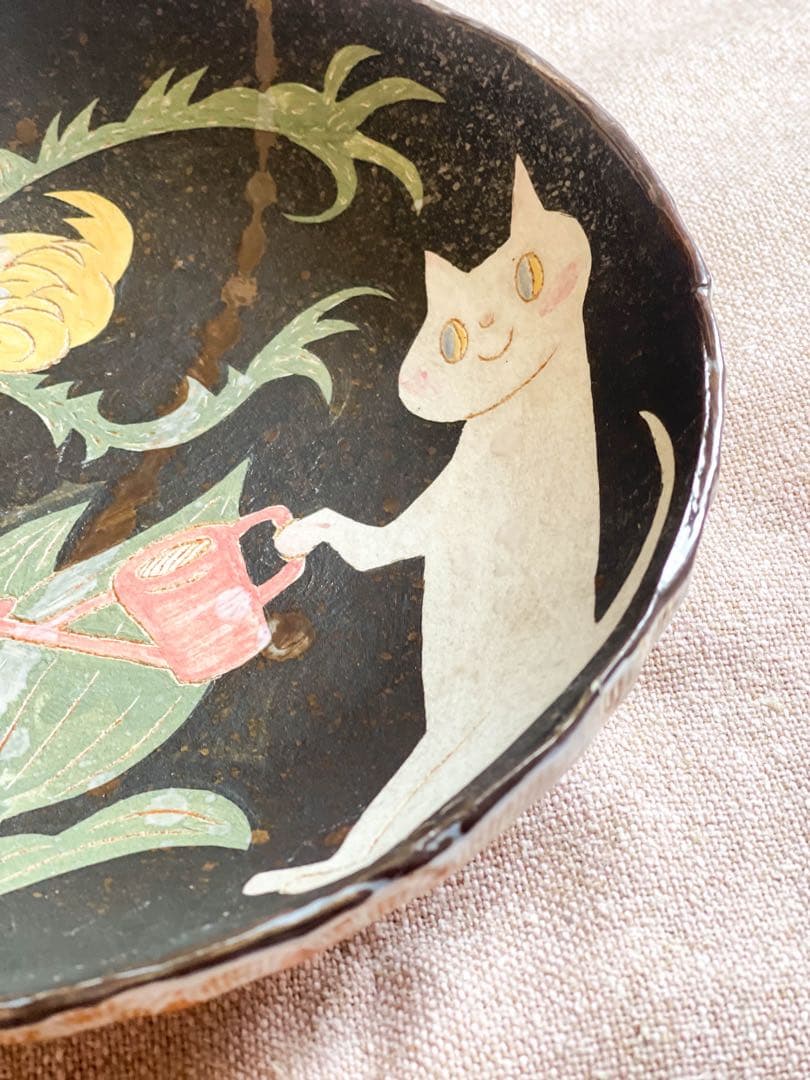 鹿児島睦 猫と花植物 皿 プレートボウル 約19.5cm