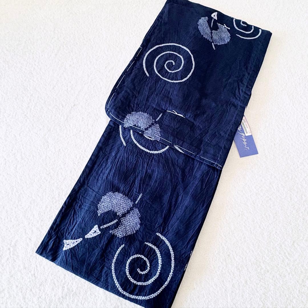 新品　しつけぬい付き　手縫　有松絞り　茄子紺色　風鈴　渦　綿　古典柄　浴衣単品