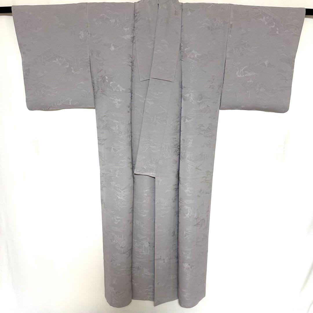 5k3091 着物　正絹　袷　色無地　一つ紋　家紋　グレー　地紋　無地　和装