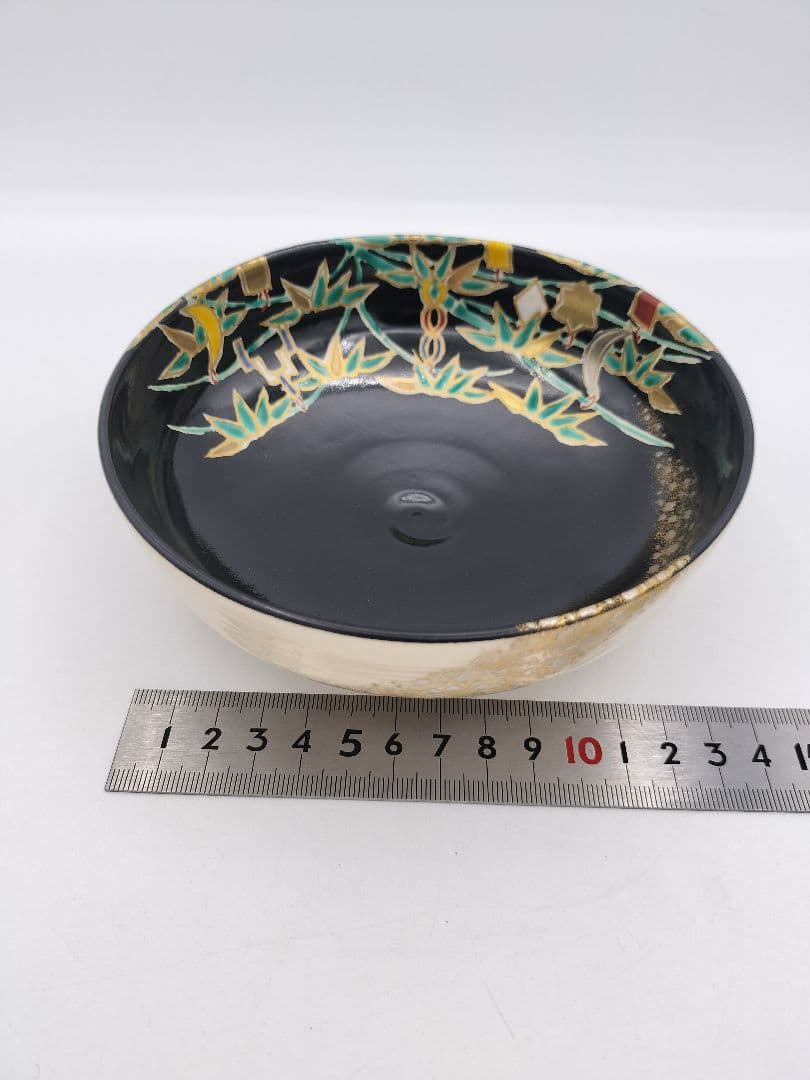 c305 平茶碗 五節句 色絵黒 七夕 加藤利昇 木箱 茶道具 古物