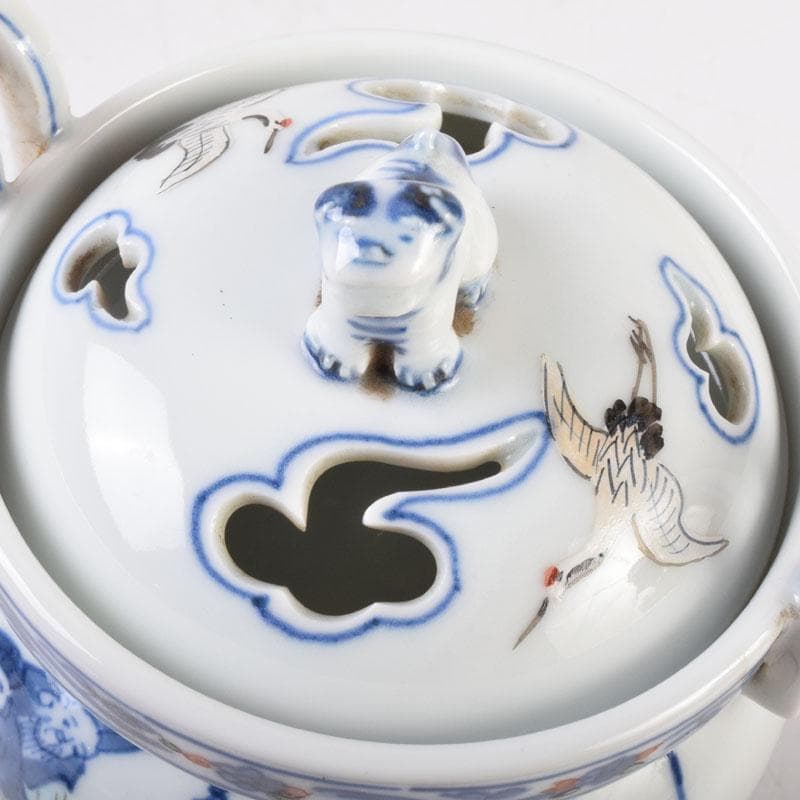 陶芸家　森野嘉光作　染錦　七福神図　双耳香炉　共箱　V　8506