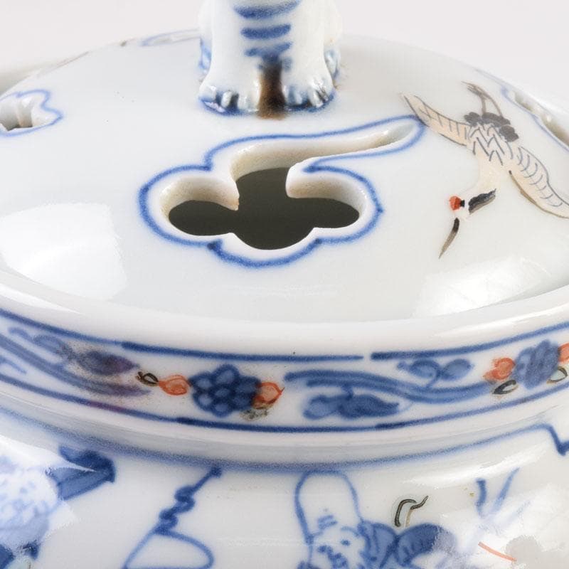 陶芸家　森野嘉光作　染錦　七福神図　双耳香炉　共箱　V　8506