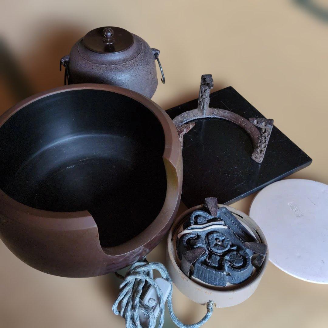 茶道具 面取風炉 野々田風炉型電熱器 五徳 茶釜 台座付