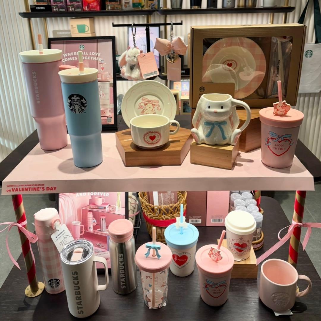 韓国限定 スターバックス 水筒 ピンクチェック チャーム付 バレンタイン2025