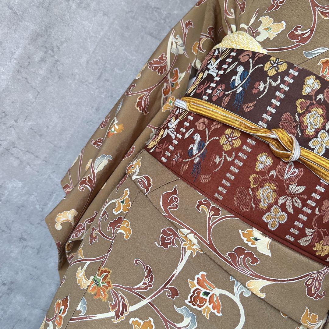 小紋　フルセット　着物　正絹　唐草　マスタードイエロー