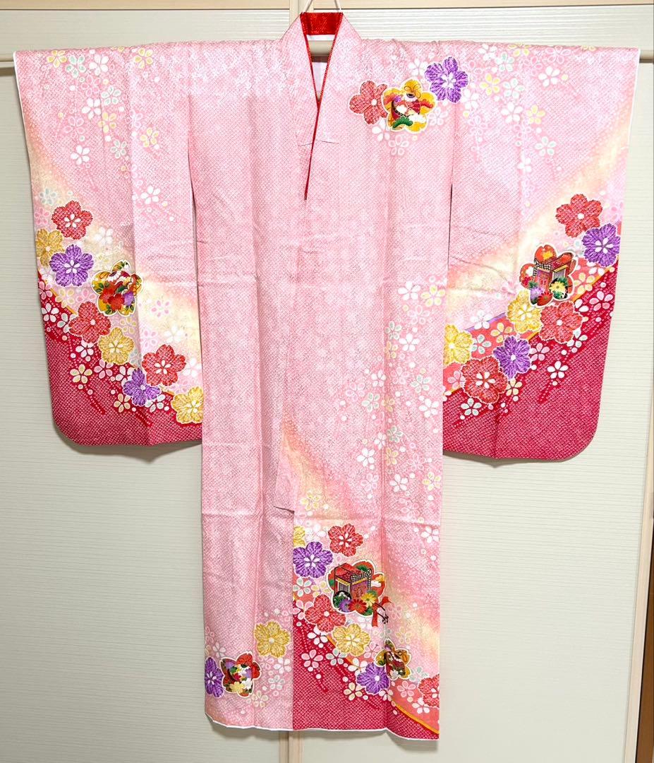 七五三 着物(7才花柄 ピンク系)、長襦袢、前板、伊達締め、しごき、足袋19cm