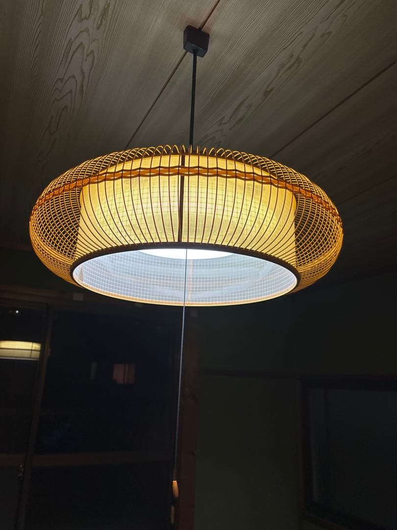 昭和レトロ 和風ペンダントライト 1灯 竹×ガラス調 引き紐 古民家 旅館照明