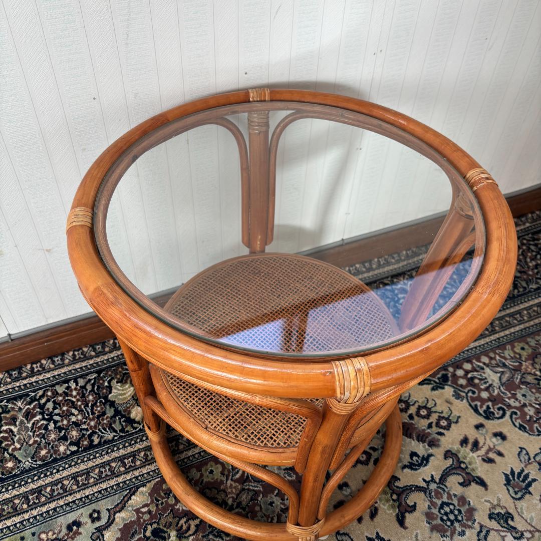 ヴィンテージ ラタン丸型ガラステーブル サイドテーブル 昭和レトロ リゾート家具