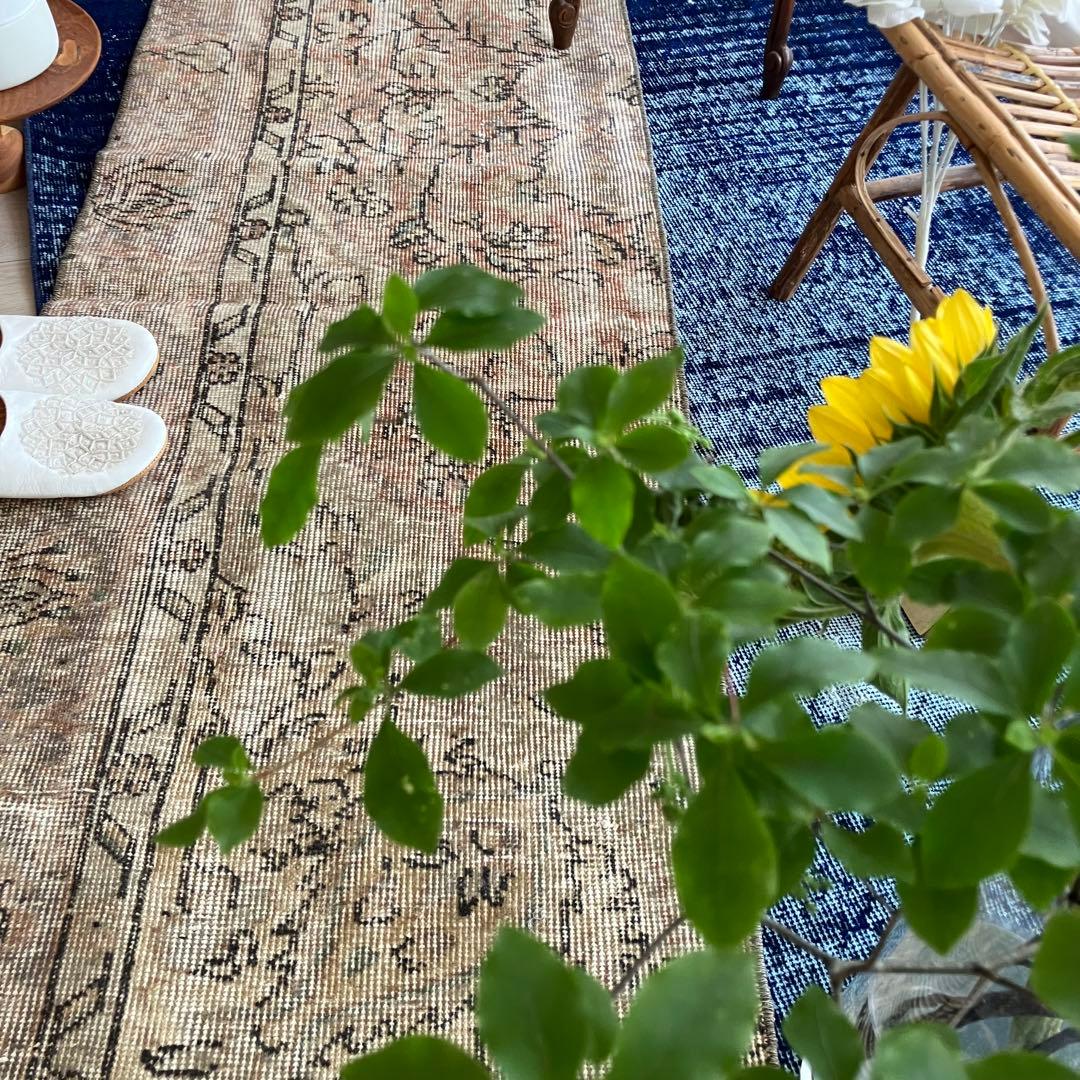 ペールベージュピンク58×189フラワーライン　ランナー　トルコヴィンテージラグ