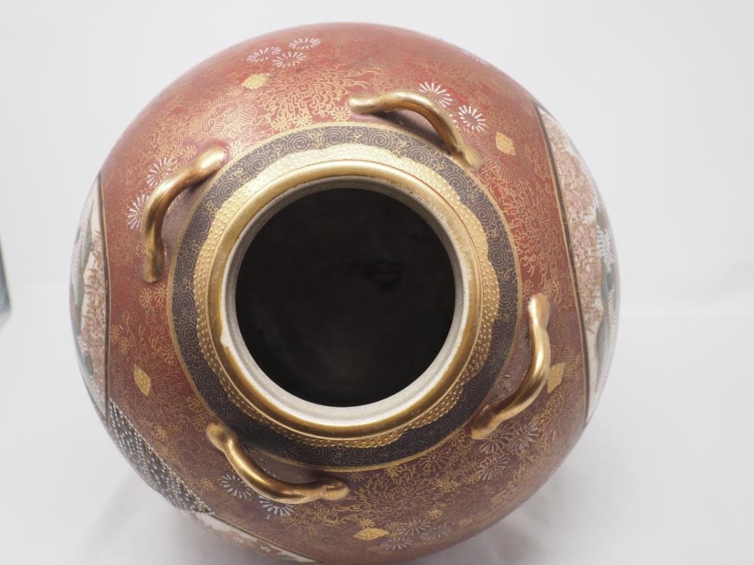 色絵金彩扇面花鳥風景図四耳花瓶　壺　薩摩焼　連山　-SO