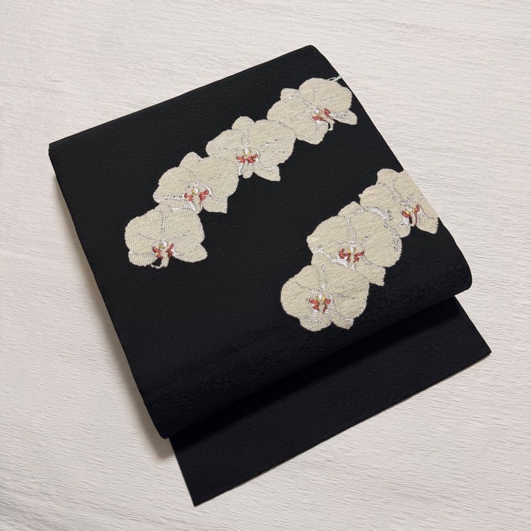 m-58 胡蝶蘭 ビロード 名古屋帯 正絹 黒地 極美品