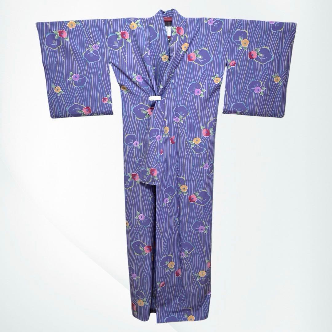 【美品✨】東レシルック　洗える着物　小紋　椿柄　青みの紫色　花文　紫系　袷　L2