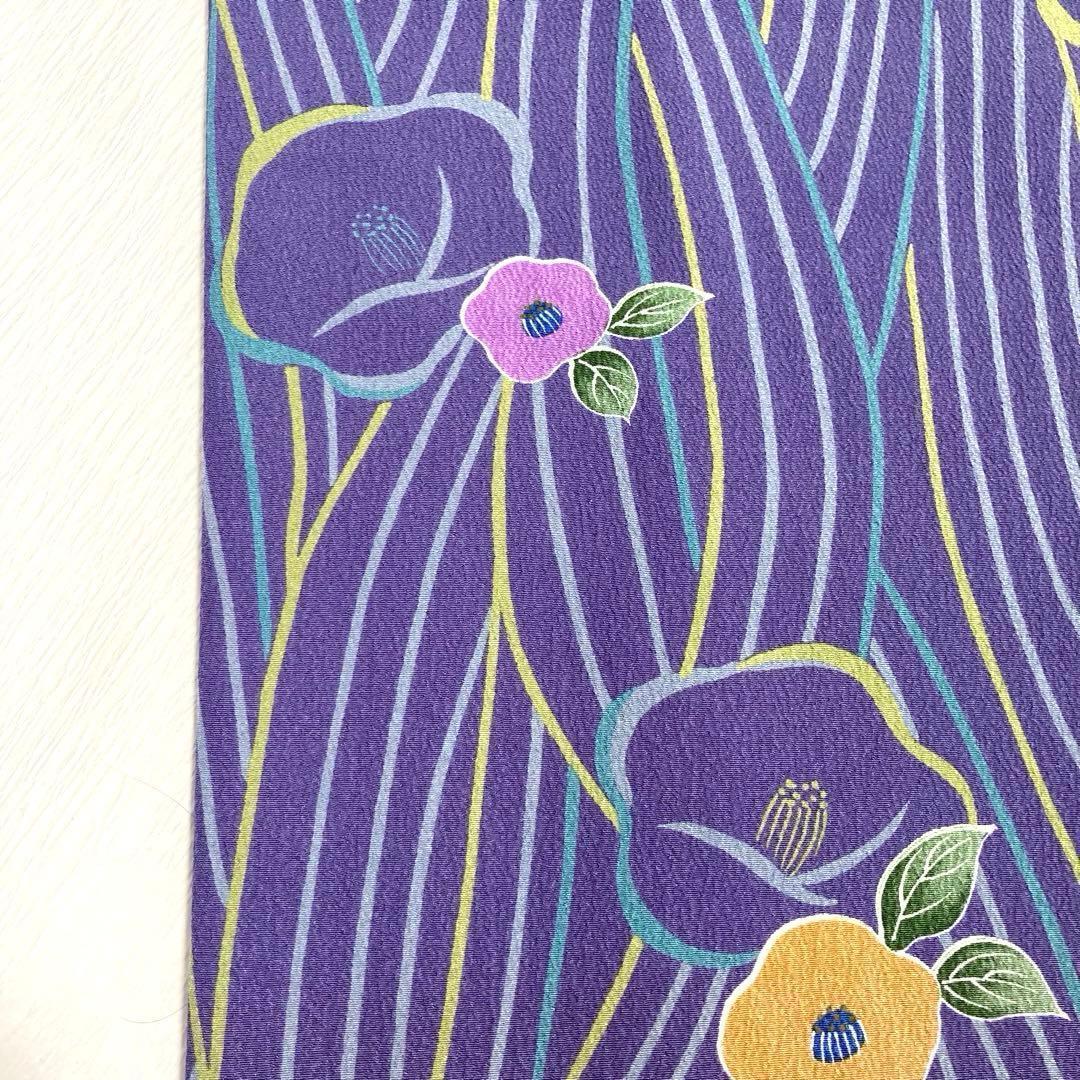 【美品✨】東レシルック　洗える着物　小紋　椿柄　青みの紫色　花文　紫系　袷　L2