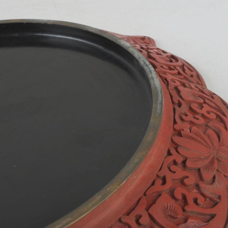 中国　剔紅　堆朱　雲龍文盤　輪花皿　飾皿　皿立付　M　9776