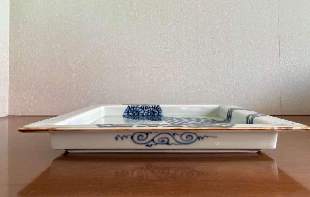 有田焼 福泉窯 ★ 染付 地紋変り丸紋 正角盛皿