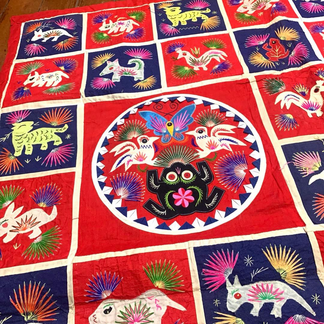 貴重！vintage♡パッチワークキルト大判　チャイナ刺繍　ラグ　ブランケット