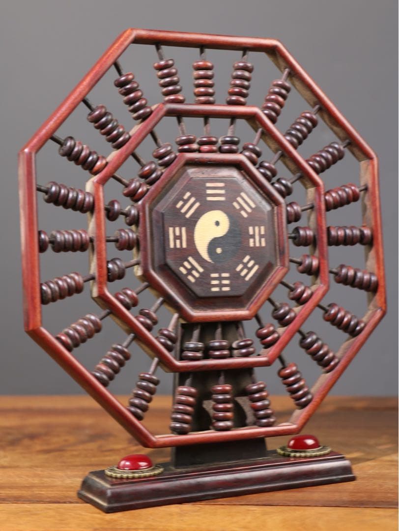 旧蔵　時代物　赤木製　八卦算盤　そろばん　運気が上昇回転屏風付きの飾り品 置物