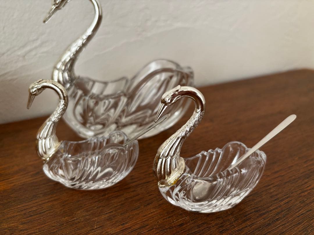 白鳥　スワン　3個セット　調味料入れ　クリスタルガラス　ビンテージ