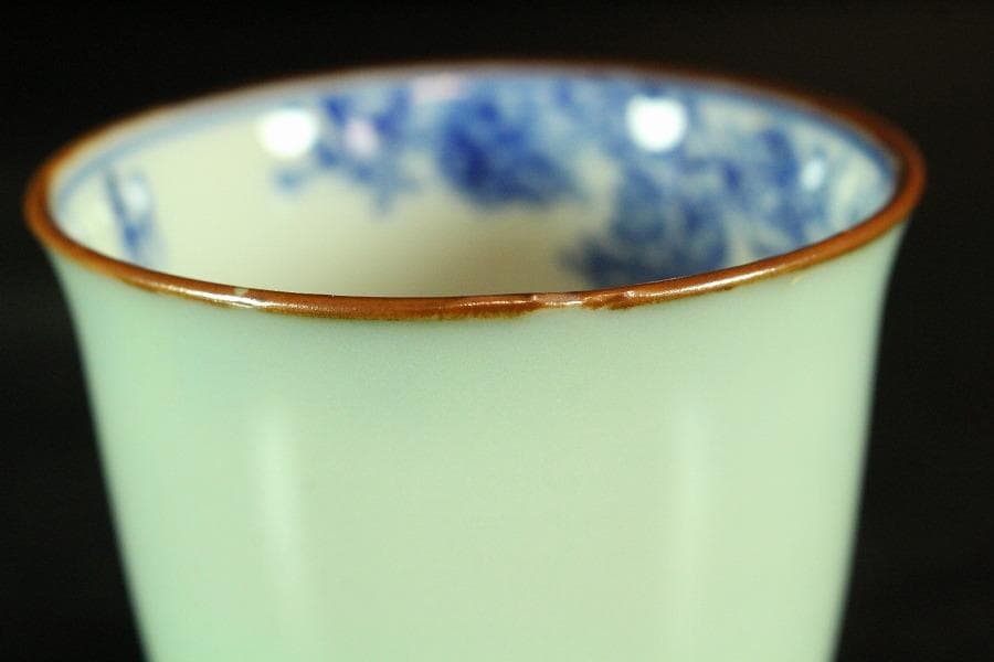 豆青釉 内青花 草花紋 蓋碗 十客(K-A747)